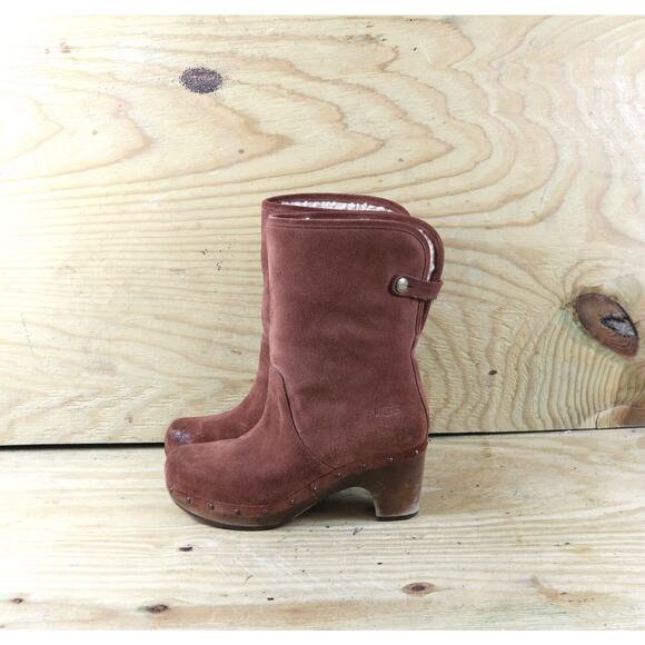 Ugg Boots Womens 7 Lynnea Brown Suede Shearling Lined Ankle Heel Buckle Shoes - Picture 1 of 9